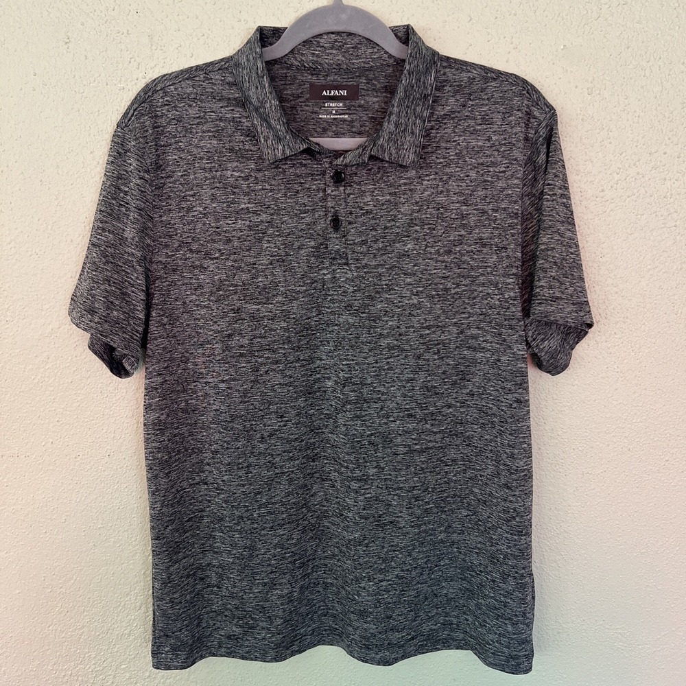 Alfani Mens Polo Shirt Black White Tweed Print Stretch Moisture Wicking Medium